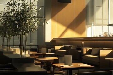 A cozy lounge area with modern furniture, natural light, and plant decor.