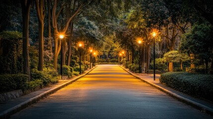A tranquil park pathway illuminated by street lamps at dusk, inviting evening strolls.