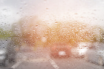 rain droplet on car windshield. driver in traffic on a cloudy day bad weather condition during storm, The concept of preventing accidents from using car using road in the rainy season.