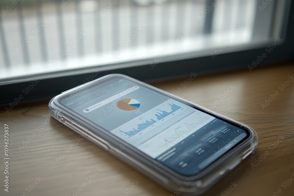 Poster a smartphone displaying data analytics on a wooden surface near a window.