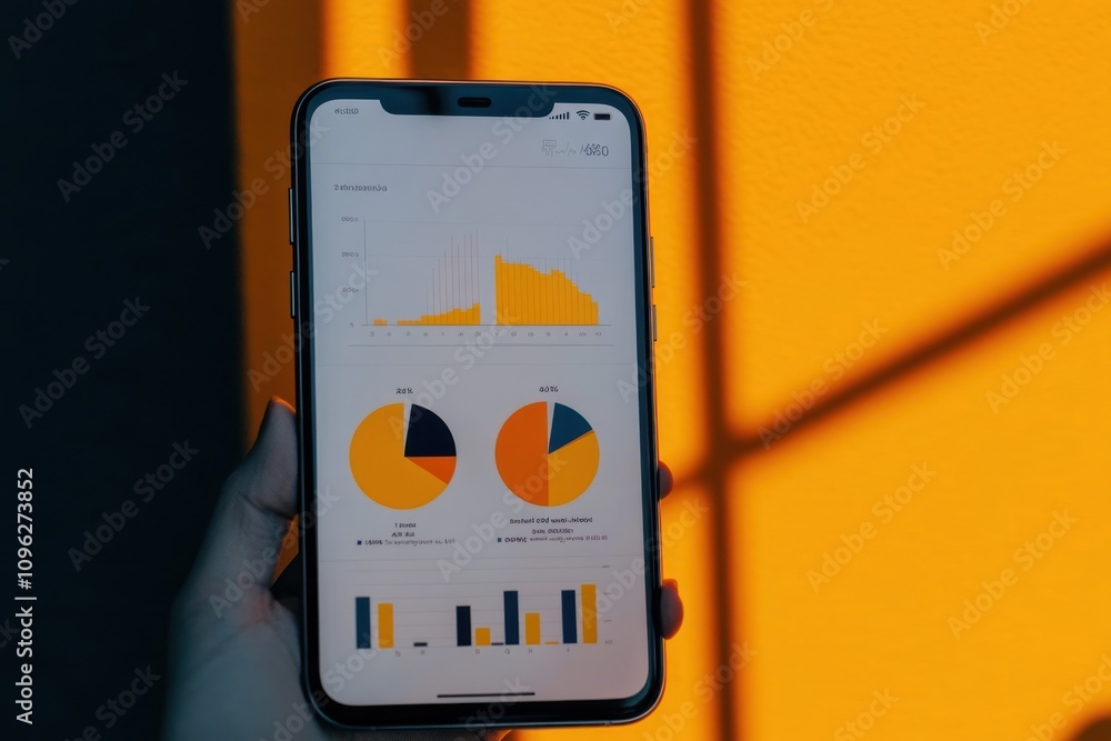 Poster a smartphone displaying colorful data visualizations on a bright orange background.