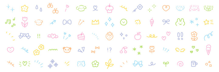 手書きの飾りイラストのベクターイラストセット。手描き、集中線、動物、星、ハート、フルーツ、リボン