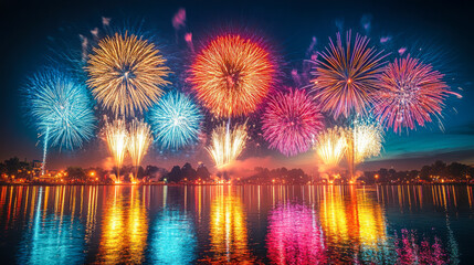 Obraz premium Colorful fireworks display at night reflecting in a calm lake