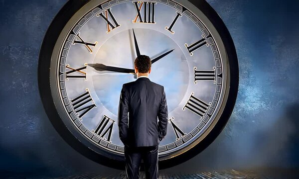 Concept: time is mo ney, wise management of time. Businessman stands and looks at a big clock.