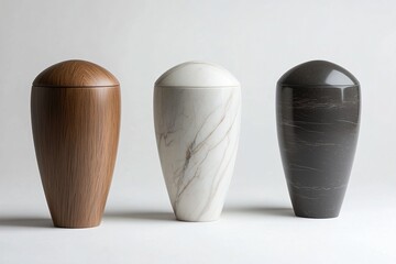 Polished wooden and white,black urns with elegant design.