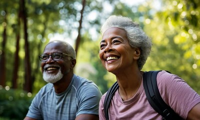 Senior cheerful joyful black african american couple hiking in summer forest smiling and aging gracefully