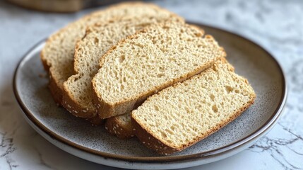 Freshly baked gluten-free bread slices arranged neatly on a rustic plate, showcasing a golden crust and airy texture, perfect for any meal or snack.