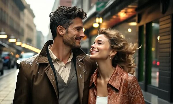 Happy caucasian elegant romantic beautiful couple in love walking along the winter street smiling at each other with falling snow