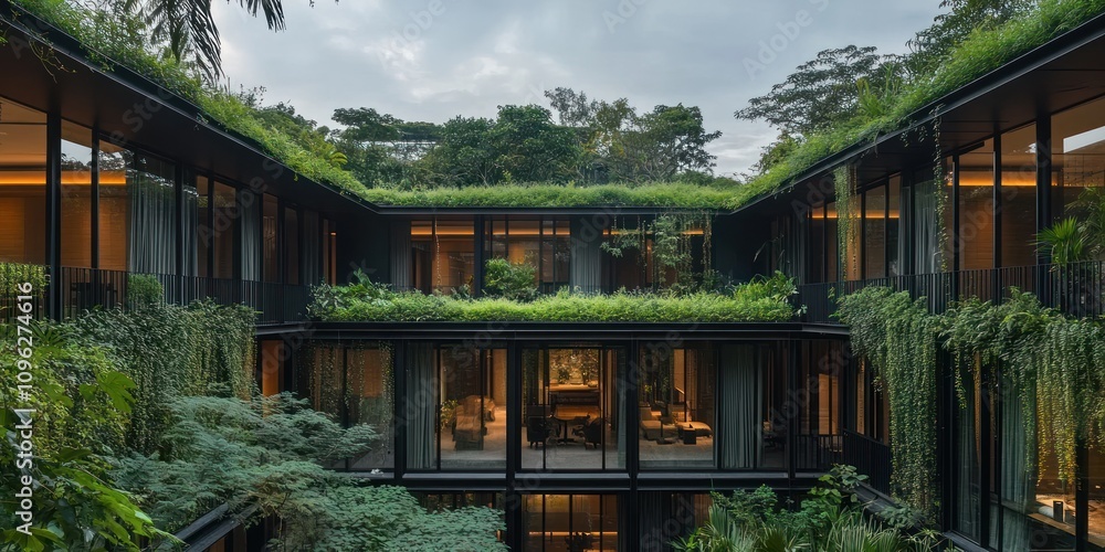 Aufkleber a modern building with lush greenery on rooftops and balconies, blending nature and architecture.