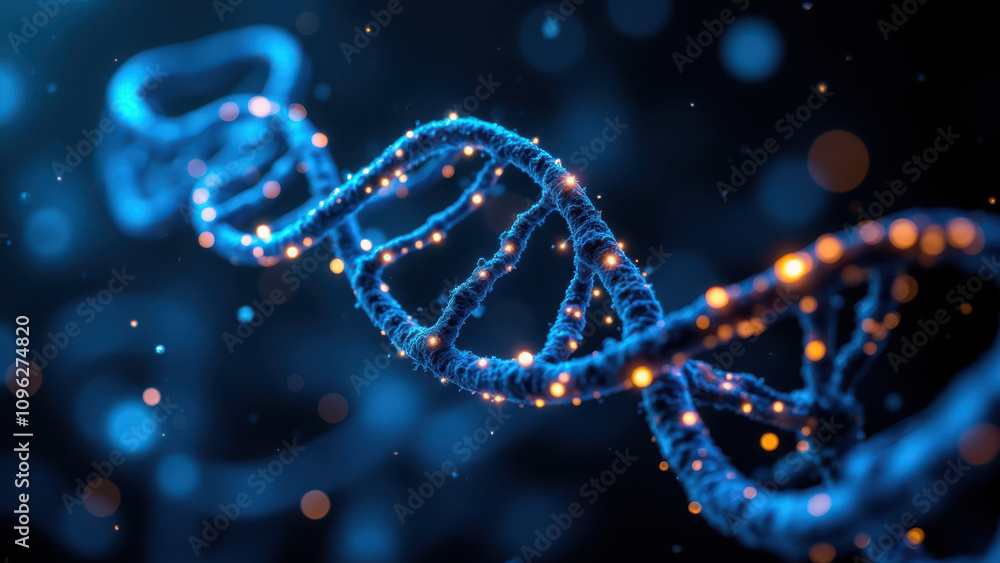 Poster biotechnology concept with glowing double helix dna structure and floating particles in a dark backg