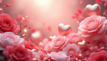 A Romantic Valentine's Day Arrangement:  Exquisite 3D Render of Pink Roses and Golden Hearts, a Symbol of Love and Affection, Perfect for Festive Greetings and Romantic Celebrations