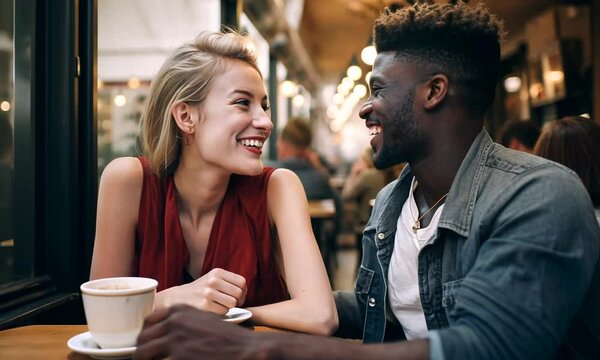 Black african american man and white skin woman in love talking in Paris cafe laughing
