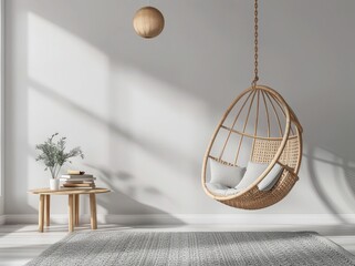 A rattan hanging chair with a white cushion sits on a wooden base in a minimalist living room with a potted palm plant. a small black side table with books. and a patterned rug