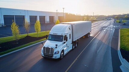 A commercial truck maneuvering along a sunlit road