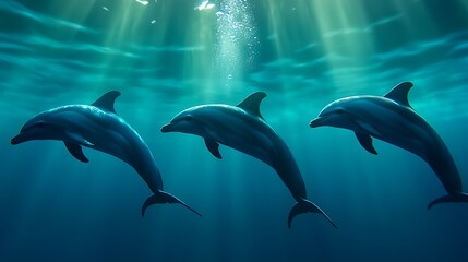 Graceful Dolphins Swimming in Crystal Clear Ocean Water with Sunlight Streaming Through the Surface Creating a Serene Underwater Scene