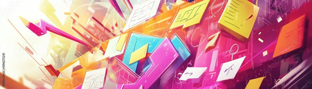 Poster abstract digital design with colorful elements and notes, symbolizing creativity and ideas.