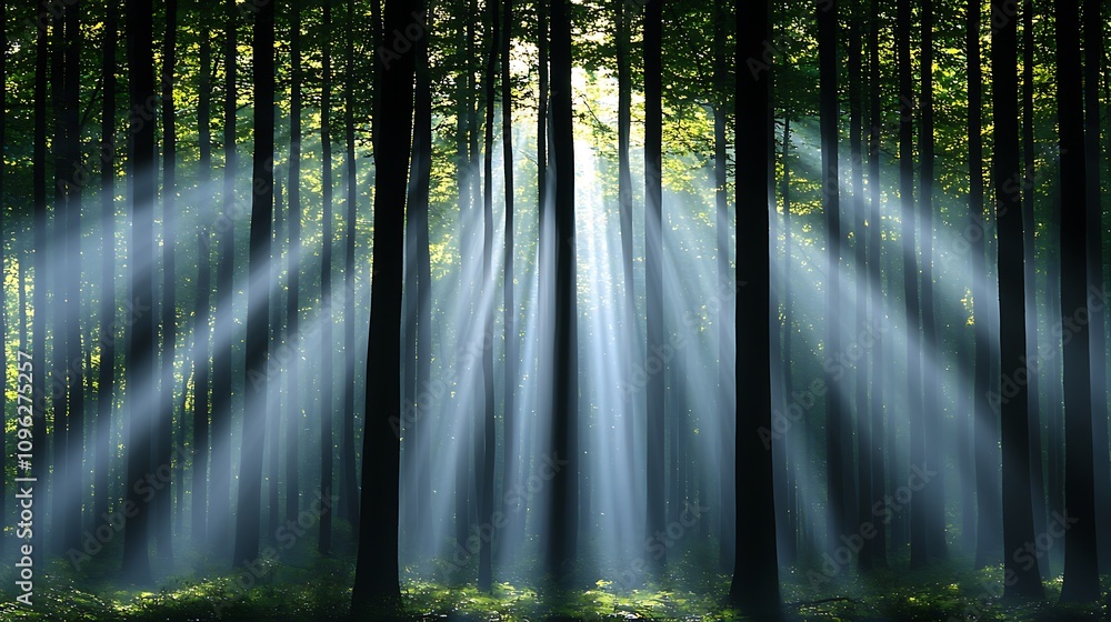 Poster enchanting sunlight filtering through tall trees in a lush green forest creating a serene and tranqu