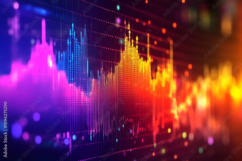 Poster a vibrant digital representation of sound waves in a spectrum of colors.