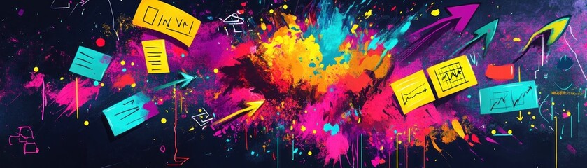 Fototapeta premium A vibrant explosion of colors with abstract shapes and notes, symbolizing creativity and ideas.