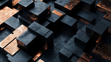 Geometric 3D forms in dark charcoal and copper tones, blending industrial elements with modern design.