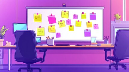 A vibrant workspace with sticky notes, plants, and computers, designed for creativity and organization.