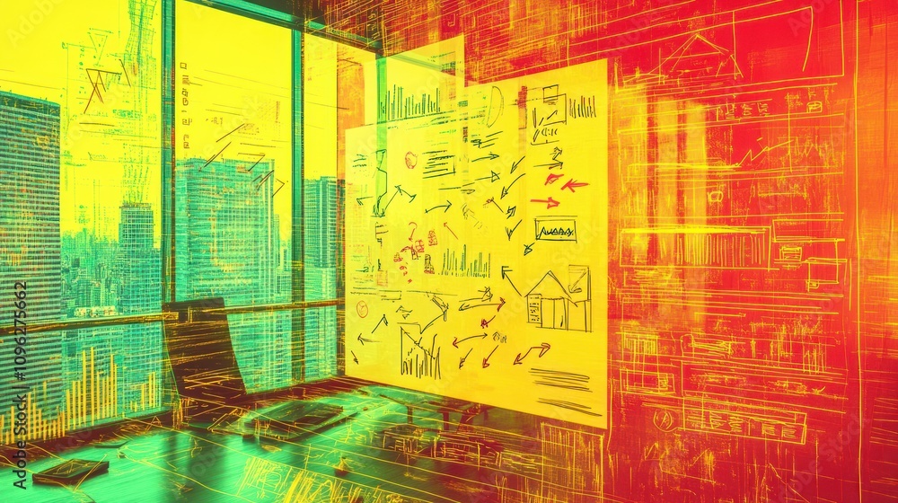 Aufkleber a modern office space featuring a brainstorming board with colorful data visuals.