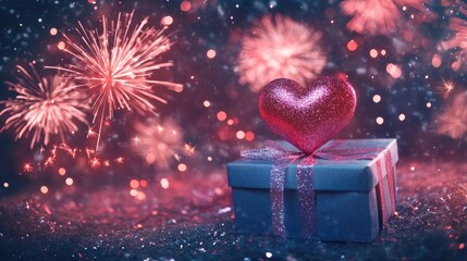 Gift box in pink and blue with a sparkling heart on top, surrounded by a vibrant fireworks display, celebrating love for Valentine's Day.