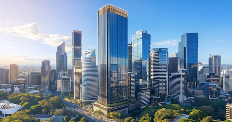 Obraz premium Modern Skyline with High-Rise Office Buildings under Blue Sky