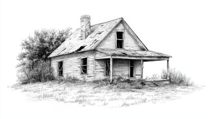 A sketch of a weathered, abandoned house surrounded by overgrown grass, evoking a sense of nostalgia and decay.
