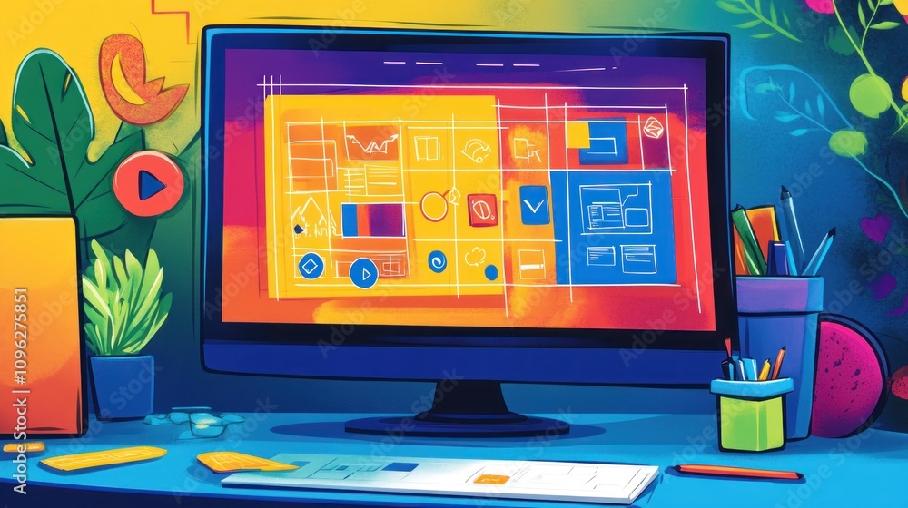 Poster a colorful digital workspace featuring a vibrant monitor with design elements.