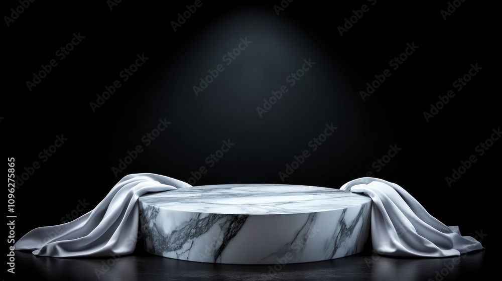Poster showcase of elegant marble display with silk drapes black background studio setting