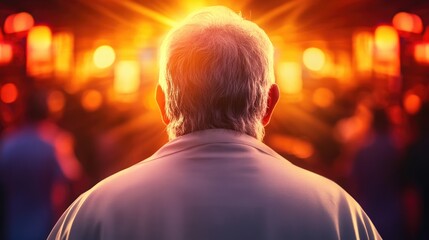 A devoted priest in solemn prayer, illuminated by a radiant glow, with the congregation softly blurred in the background.