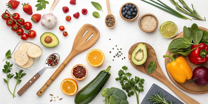 A vibrant and colorful flatlay of fresh ingredients and cooking utensils for a recipe for success, recipe