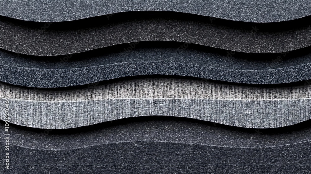 Poster abstract waves of textured materials in shades of gray, displaying different patterns and finishes f