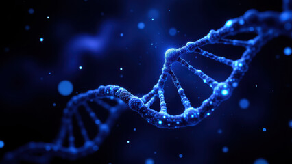 Scientific illustration of a DNA double helix with glowing blue atoms set against a starry space background.