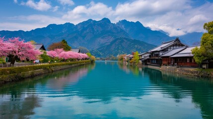 Naklejka premium Scenic view of mountains and cherry blossoms by a river.