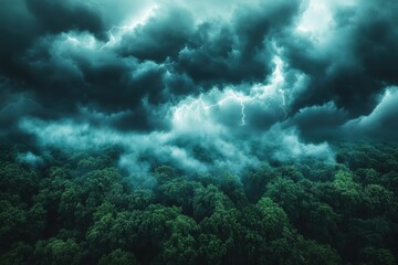 Fototapeta premium natures wrath, storm clouds darkening the sky above a dense forest, occasionally illuminated by crackling lightning