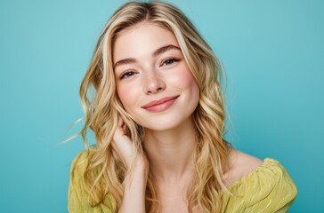 Fototapeta premium Portrait of a cheerful blonde woman in casual smiling at the camera, isolated on a blue background with copy space for your text.