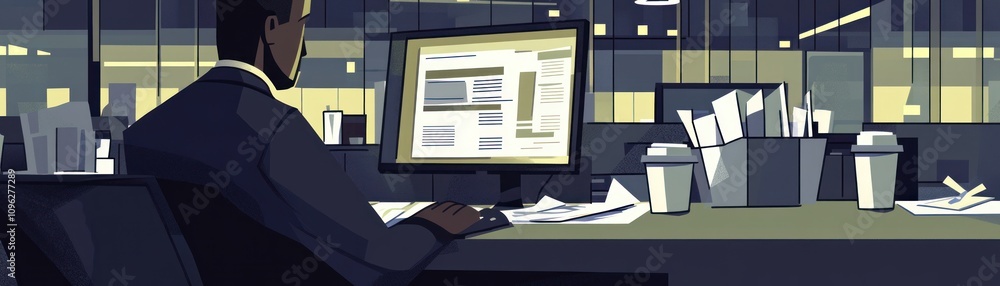 Poster a person working at a desk with a computer and paperwork in a modern office setting.