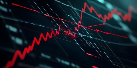 A digital representation of fluctuating stock market data with red trend lines.