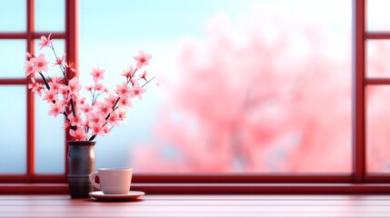 Serene scene with cherry blossoms and a tea cup.