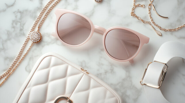 Elegant pink sunglasses and accessories on a marble surface exude luxury and style, AI
