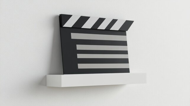 Movie clapper board displayed on a sleek white shelf against a minimalist vertical white wall, emphasizing a classic filmmaking symbol.