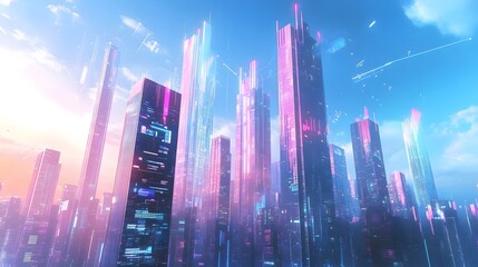 Metaverse Futuristic technology smart city.. Digital futuristic data skyscrapers on technological blue background. Business, science, internet concept,big data connection technology concept. 3d render