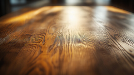 Obraz premium Close-up of a wooden table with a natural grain and warm lighting