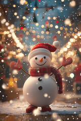 Snowman In Defocused Wintry Landscape, Snowman with Christmas gift on snow

