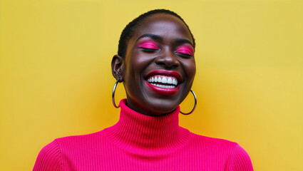 Confident woman smiling brightly in pink turtleneck sweater
