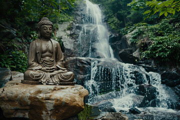 Beautiful greeting card with ancient statue great Buddha to bright holiday composition