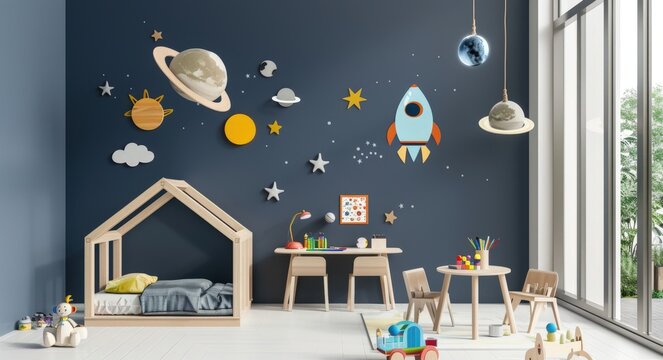 A blue and white themed children's bedroom with a wooden crib. toys. and a house-shaped play area The wall is decorated with a space theme