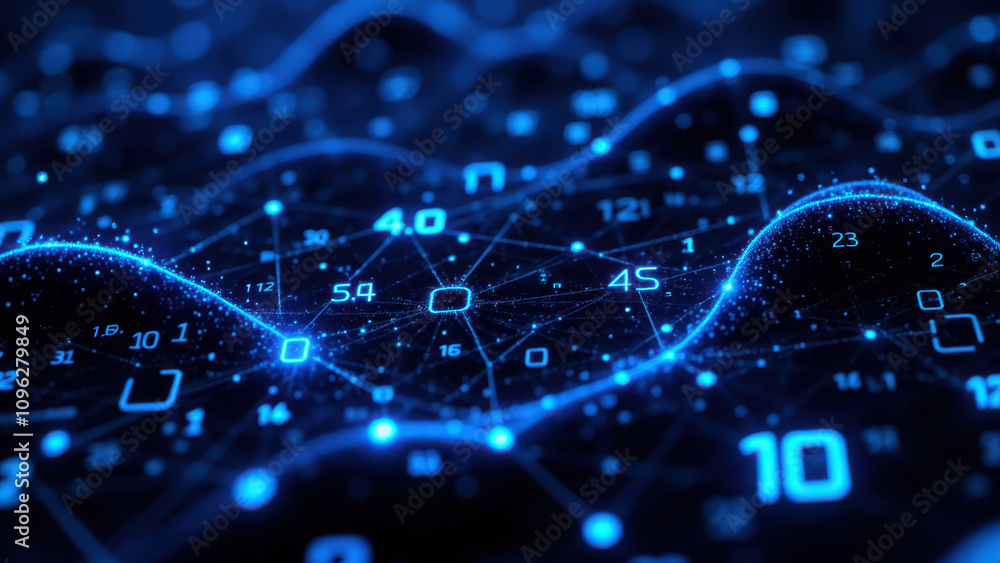 Poster illustration of molecular structures with blue waves and digital numbers representing unique molecul